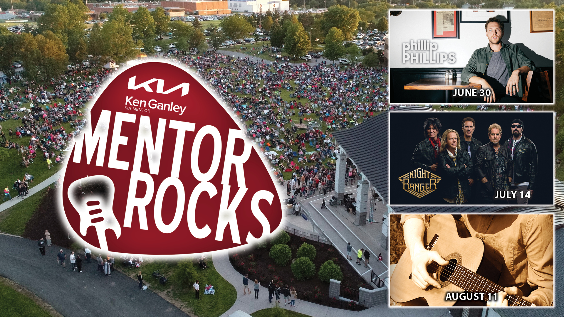 An image showing the Mentor Rocks logo along with featured performing artists with an aerial image of a crowd in the background.