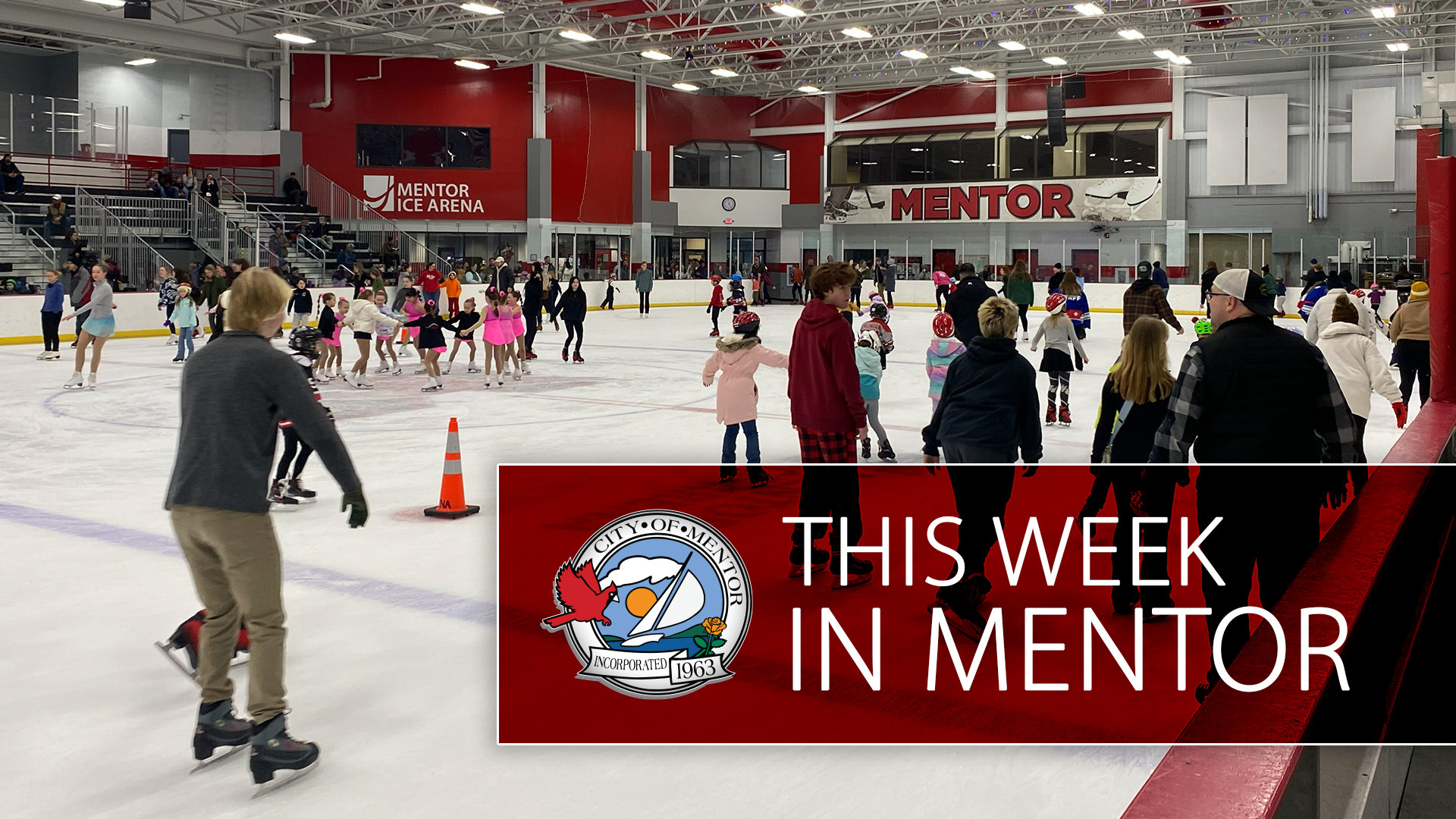 A photo of an open skate session at the Mentor Ice Arena with "This Week in Mentor" written on a semi-transparent placard.