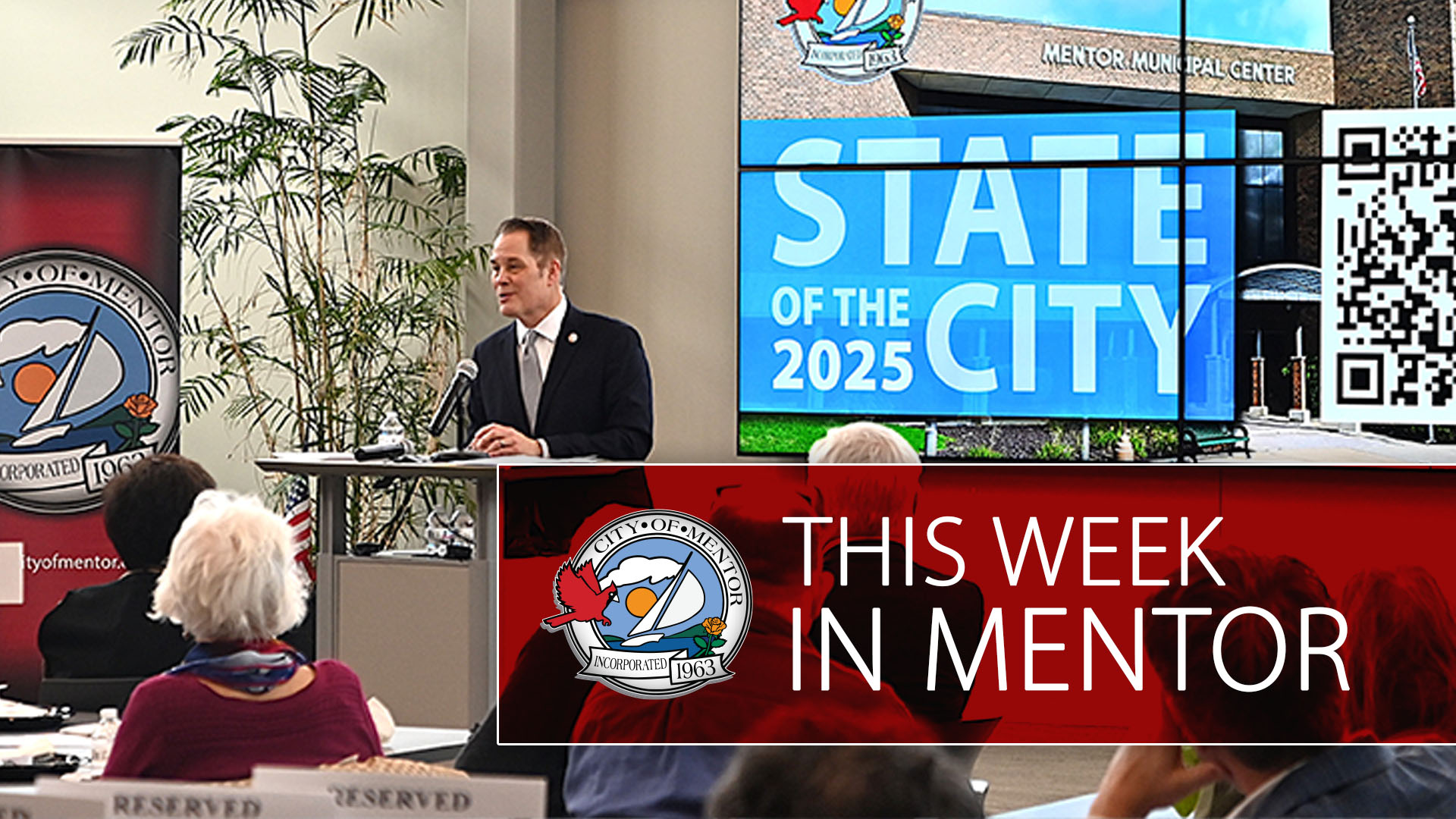An image of Mentor City Manager Kenneth J. Filipiak speaking in front of an audience with the words "this week in Mentor" superimposed in a red field.