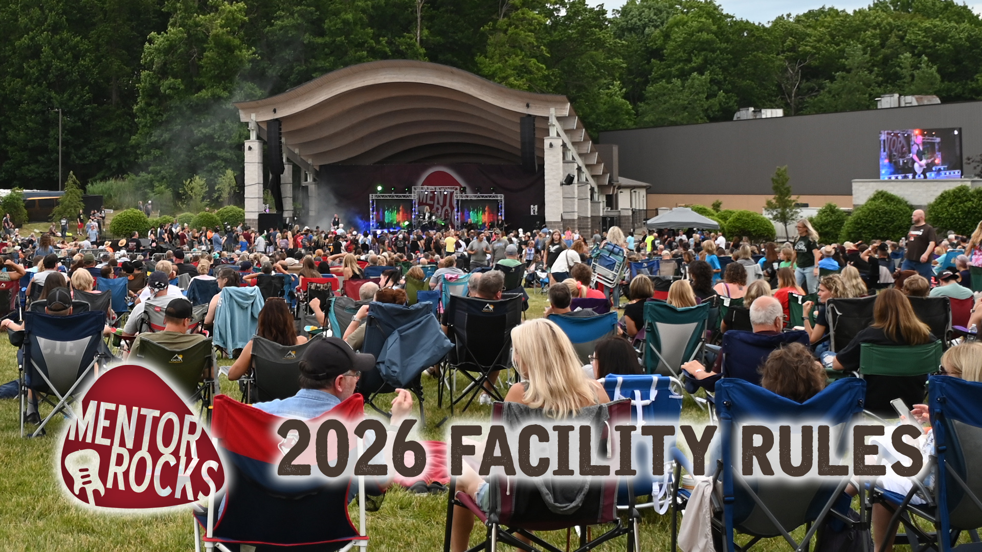 An image of a crowd at the Mentor Civic Amphitheater with the Mentor Rocks logo and 2026 Facility Rules overlayed.