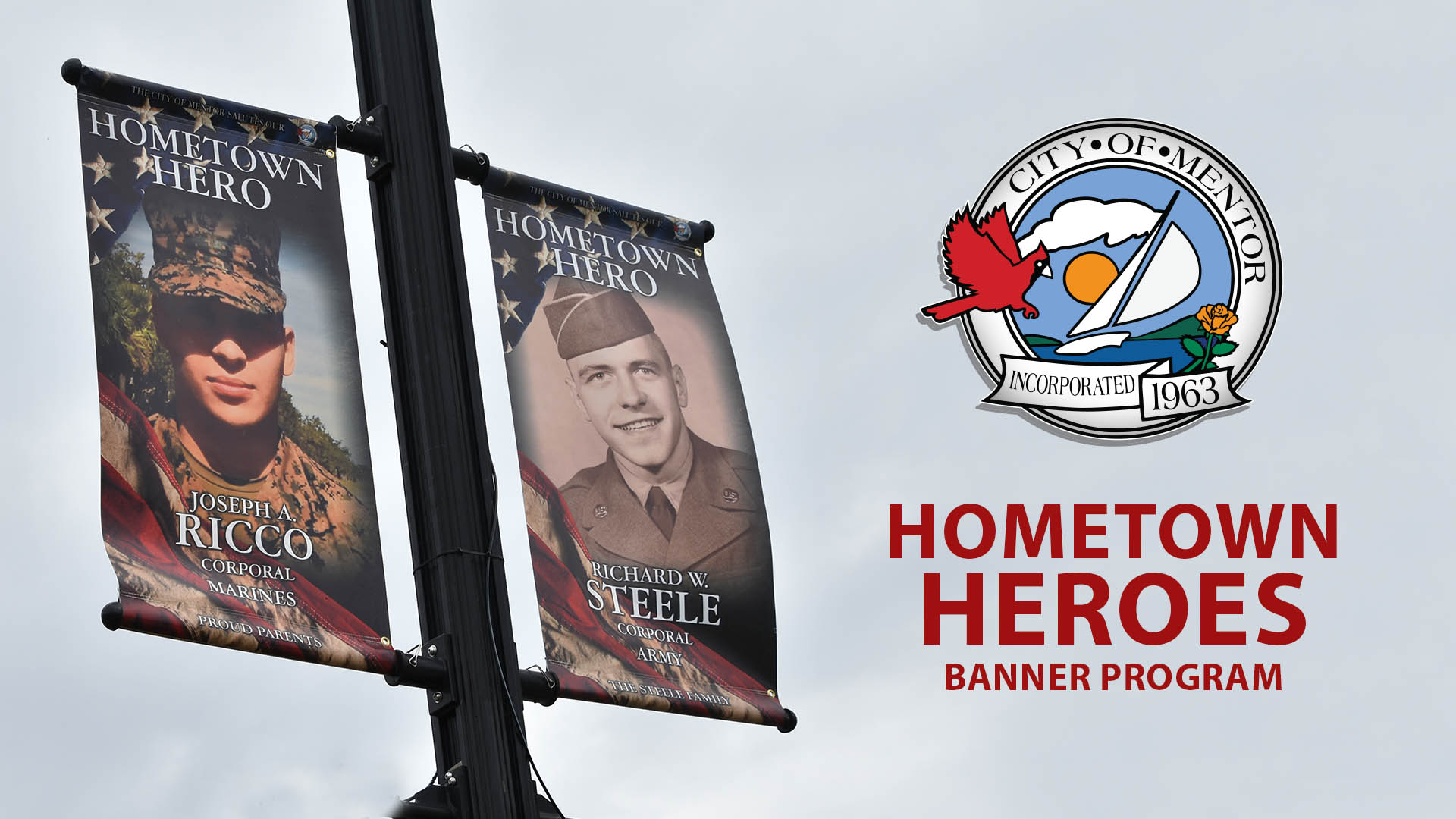 An image of hometown heroes banners with the city seal and the words "Hometown Heroes Banner Program".