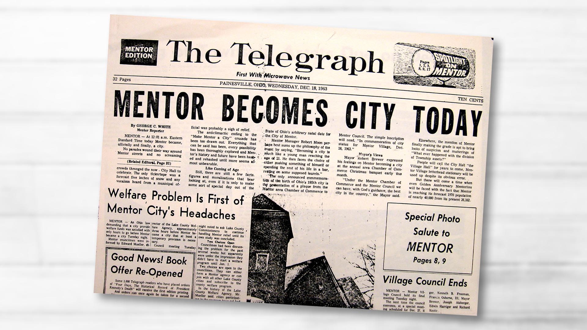 Front page of the Telegraph announcing Mentor becoming a city. 