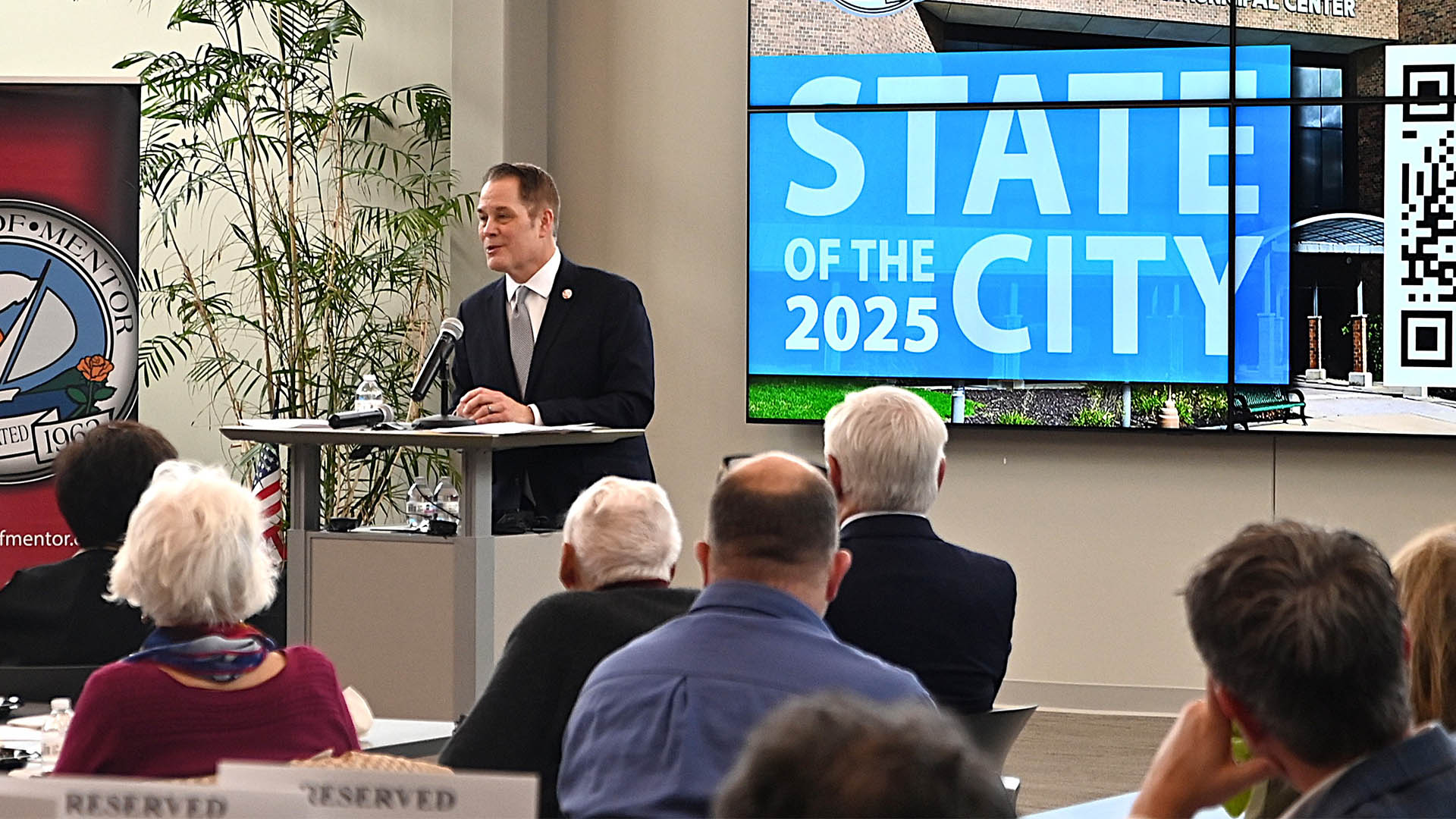 Mentor City Manager Kenneth J. Filipiak presenting the 2025 State of the City Address at Mentor Schools Paradigm