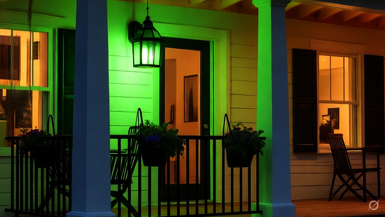 A photorealistic rendering of a front porch at night illuminated by a green porch light.