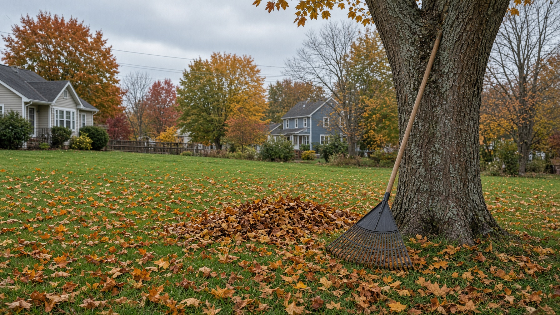 Rake leaning against tree in autumn