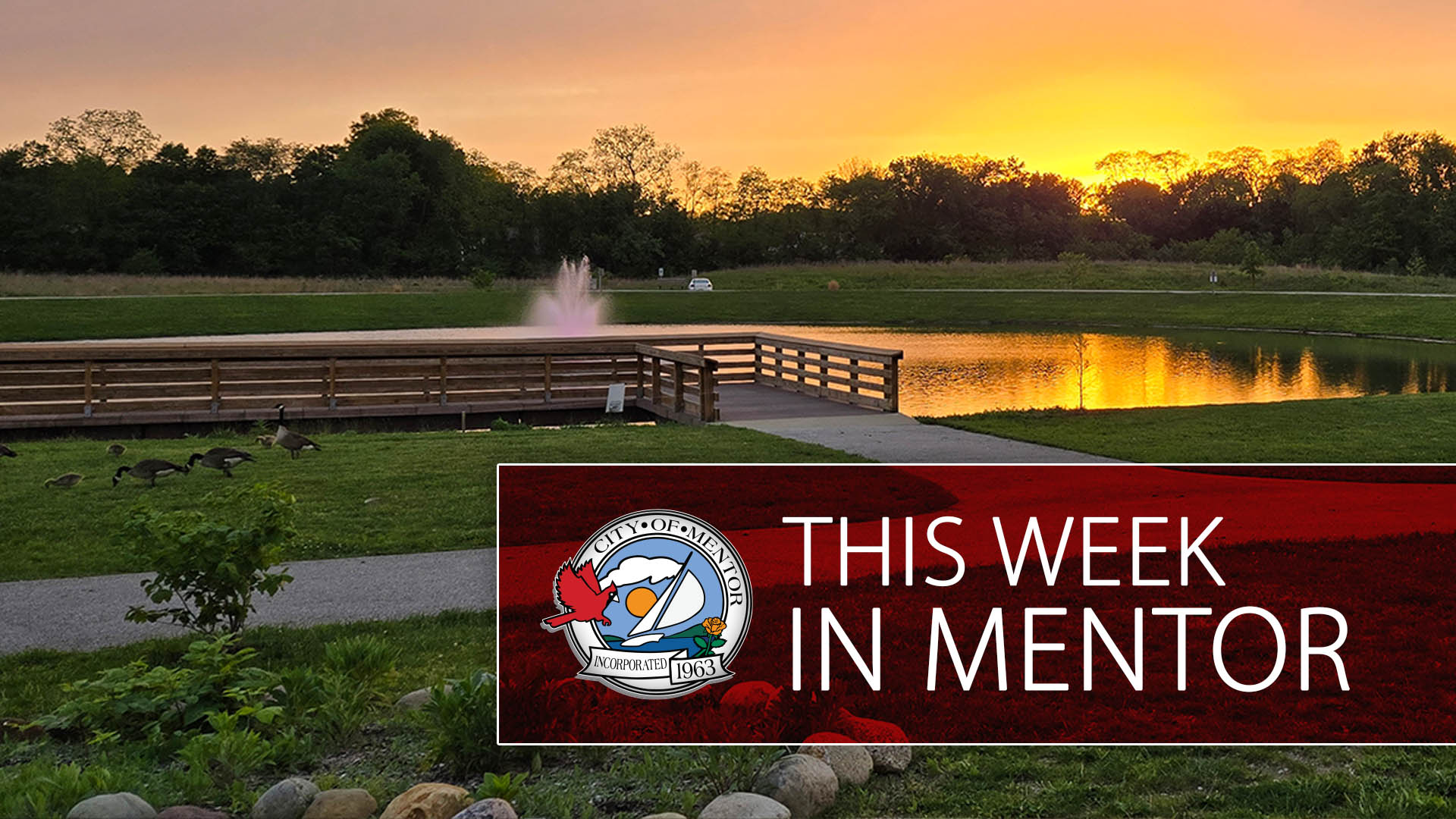 An image of the pond and boardwalk at Mentor's Springbrook Gardens Park at sunset with "This Week in Mentor" overlayed in a semitransparent red field.